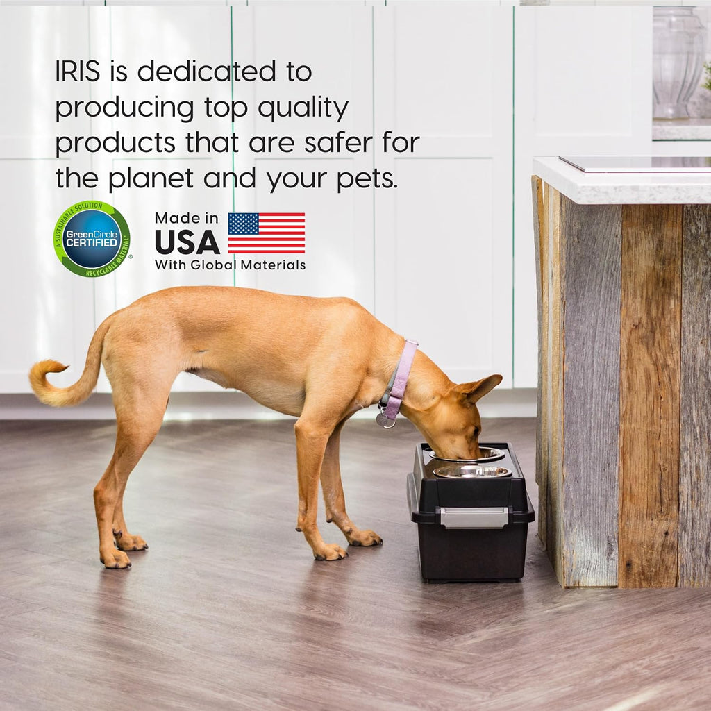 IRIS USA Elevated Dog Bowls 9" H, up to 13 lb Storage, Black, Made in USA | Comes with 2 Stainless Steel Bowls (32 oz), Elevated Feeder, Reduce Strain, Perfect for Camping & Outdoors 