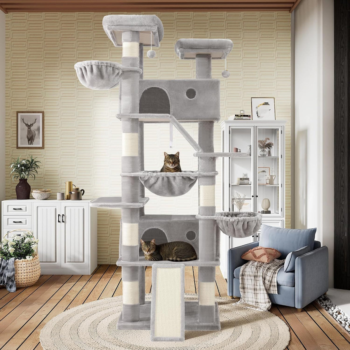 SHA CERLIN 81in Multi-Level Tall Cat Tree Tower for Indoor Kitties/Larger Cat Condo Furniture with Hammock/Cozy Pussycat Perches/Sisal Scratching Posts/Pet House/Wide Base/Grey