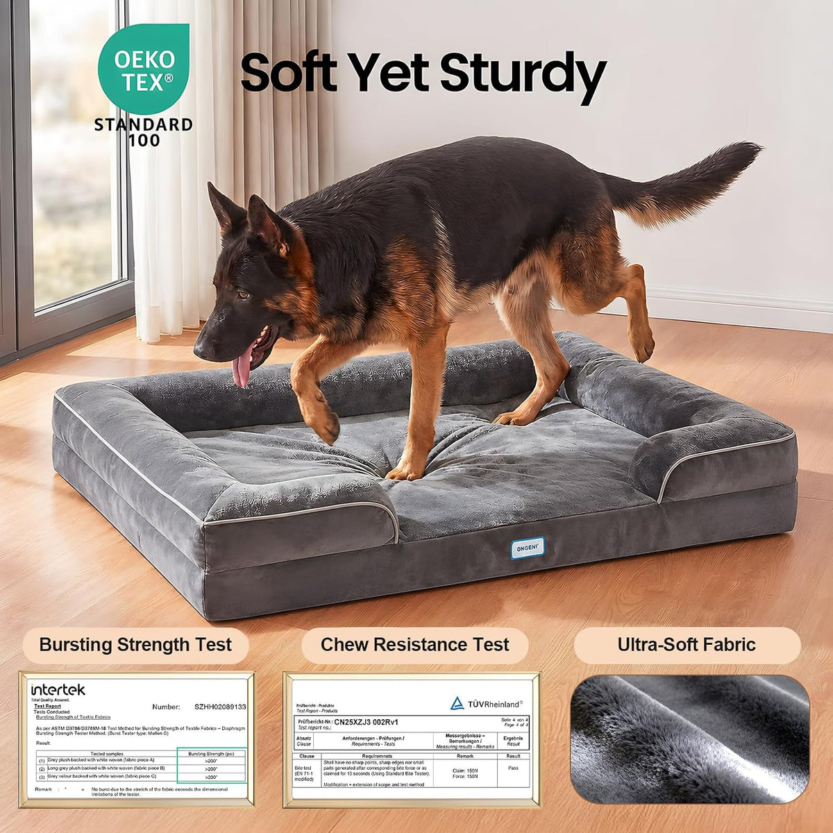 OhGeni Orthopedic Extra Large Dog Bed Couch, Memory Foam, 45×33Inch (Gray)