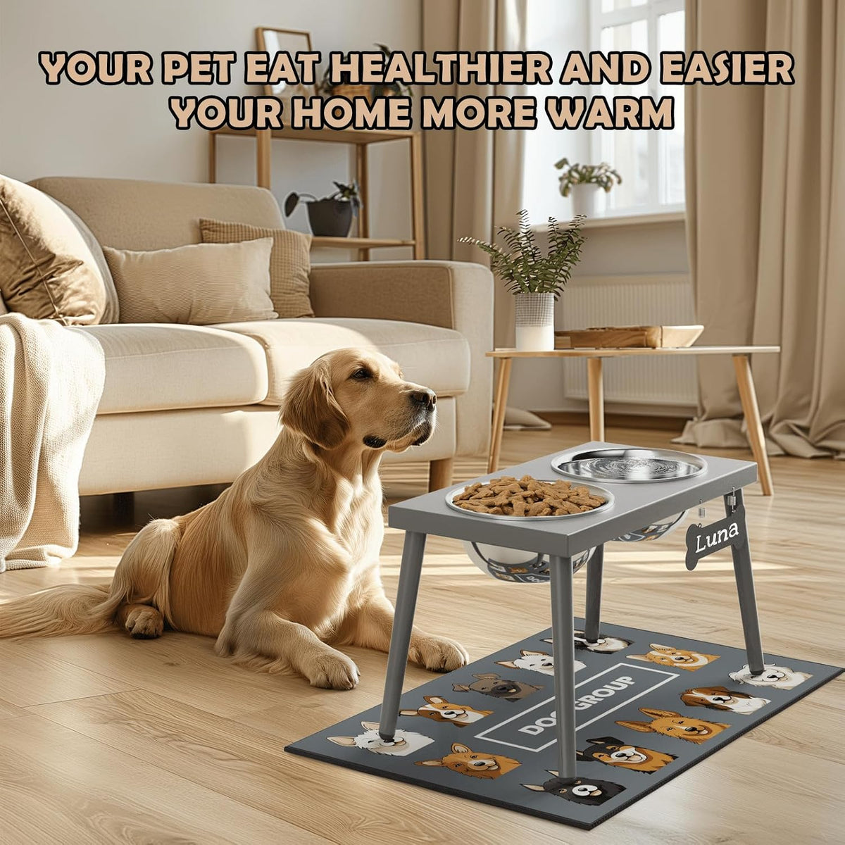 ADENGL Raised Dog Bowl Stand for Large Dogs, 10” Tall Elevated Feeder with Spill-Proof Mat, Stainless Steel 58OZ Bowls for Food & Water, Gray Color (Mat Size: 16x24”)