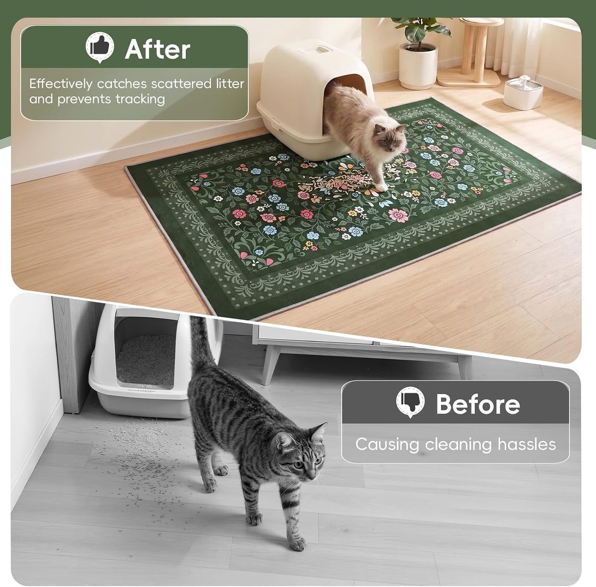 Bienbee Cat Litter Mat, 2 Pack 48" x 36" Machine Washable for Litter Boxes | Cat Litter Rug with Waterproof Backing, Non-Slip Grip and Soft On Kitty Paws to Catch Litter and Protect Floor