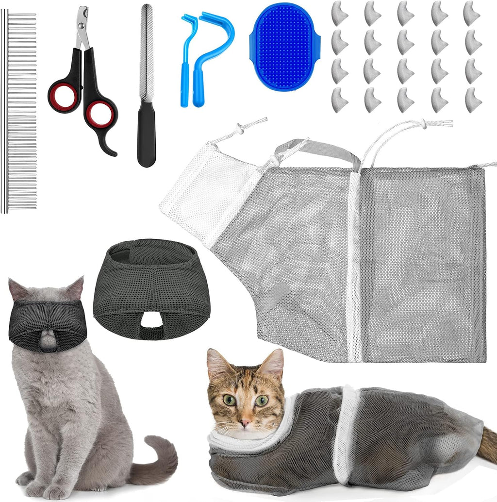 9 Pcs Cat Bathing Bag Set Cat Shower Bag, Blue, Gray