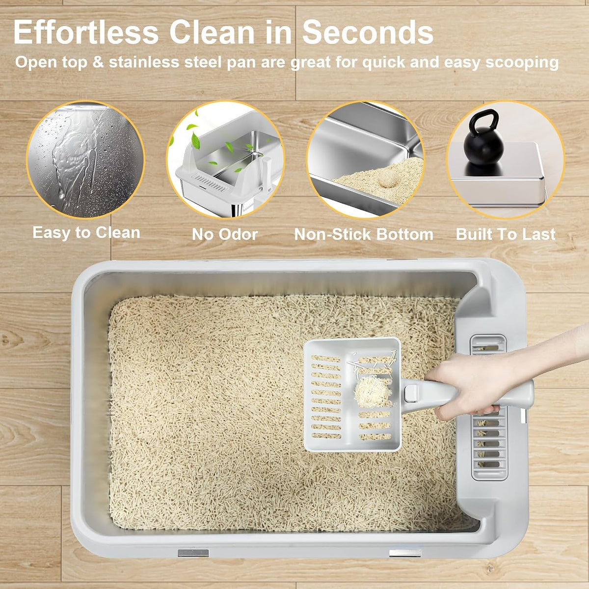 TENTIZON Stainless Steel Cat Litter Box, XL Large Metal Kitty Litterbox with High Side Lids, Litter Mat, Scooper for Big Cats, Kittens, No Odor, No Mess, Leak Proof, Easy Clean, Non Stick
