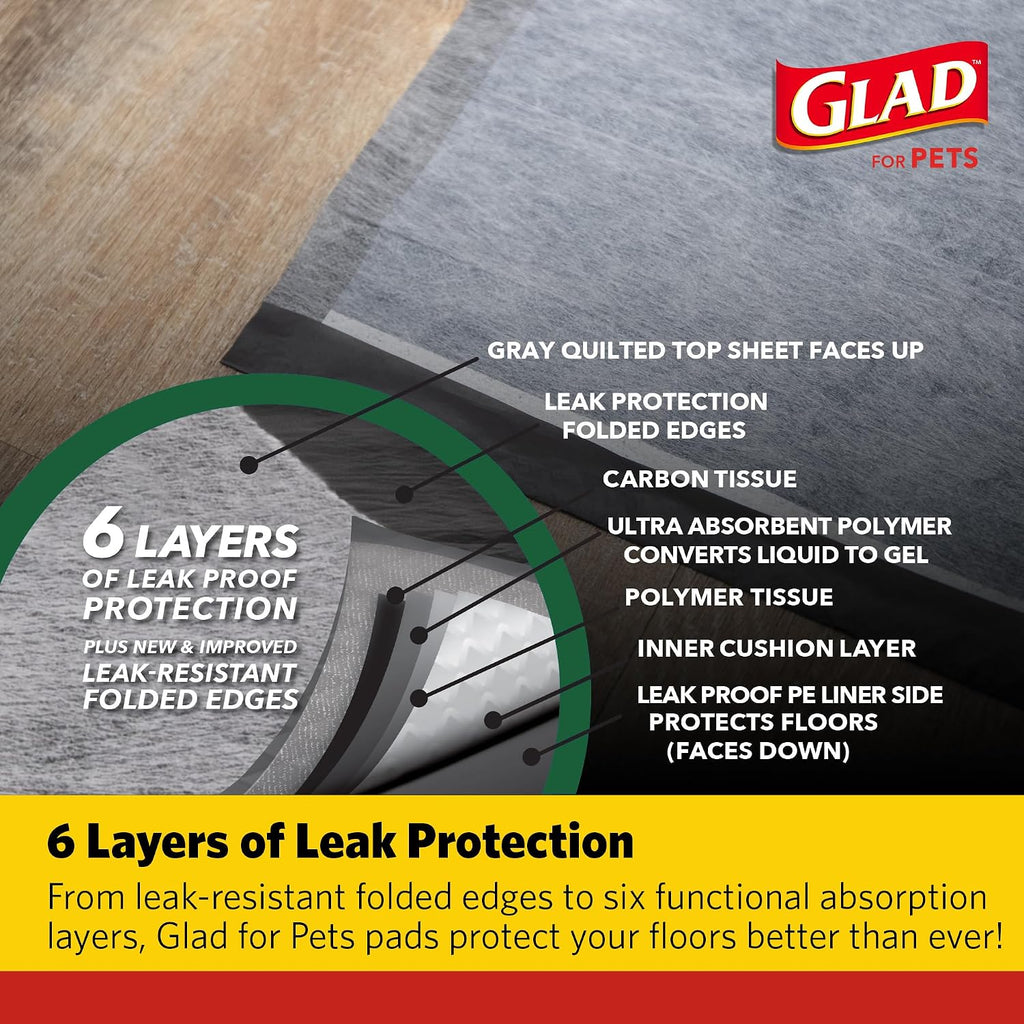 Glad for Pets Activated Carbon Disposable Dog Training Pads, 30 Count, 6-Pk | Activated carbon core, ultra-absorbent, puppies senior dogs and post-surgery recovery, floor and crate protection, 23 x 23 in