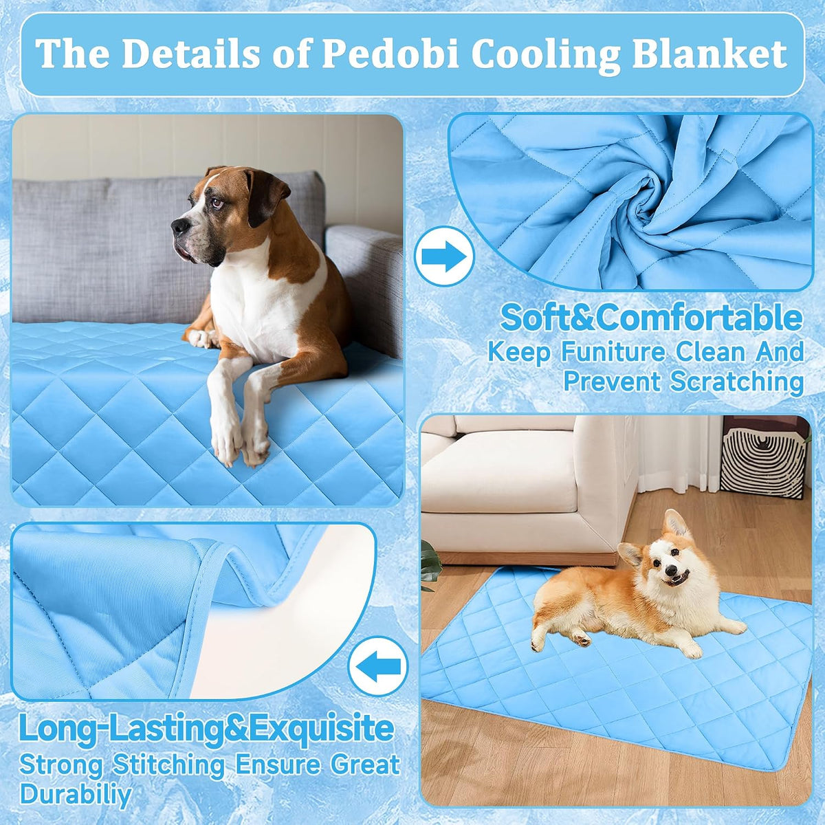 Cooling Blanket for Dogs, Dog Cooling Mat & Bed, Q-MAX>0.42- Lightweight, Durable & Breathable Pet Throw for Sofa, Car and Furniture Protector, Reversible Design, Easy to Clean, 28"x40", Blue