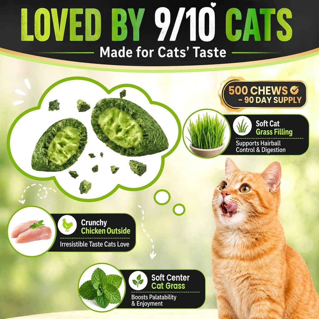 Cat Grass Treats, Hairball Treatment for Cats, for Indoor Cats, 500 Chews