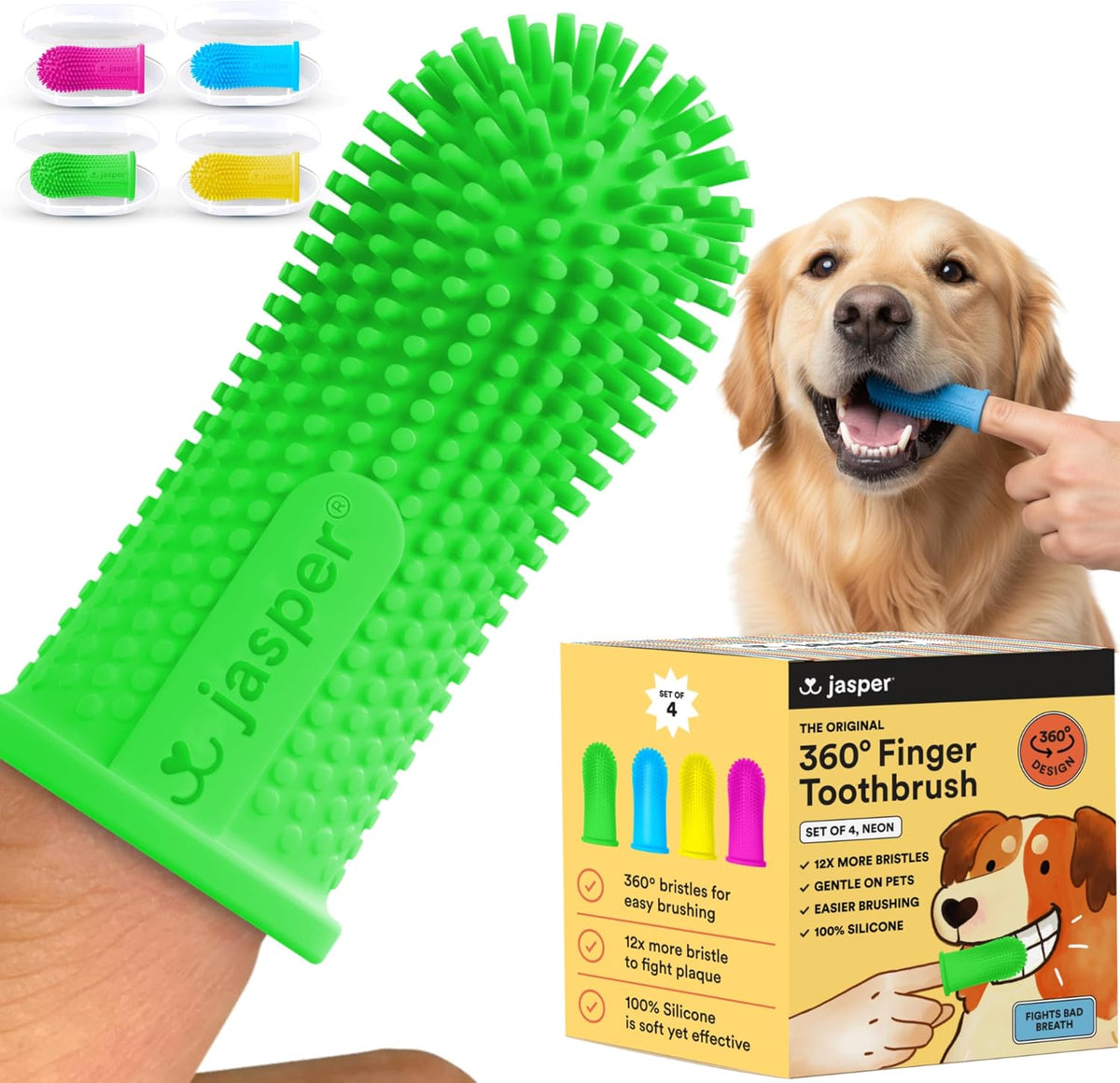 Jasper Dog Toothbrush, 360° Finger Toothbrush for Dogs & Cats, Neon 4-Pack | 12x More Bristles, Teeth Cleaning Kit for Small & Large Pets, Toothpaste Not Included, Fights Bad Breath, Extra Soft Silicone 