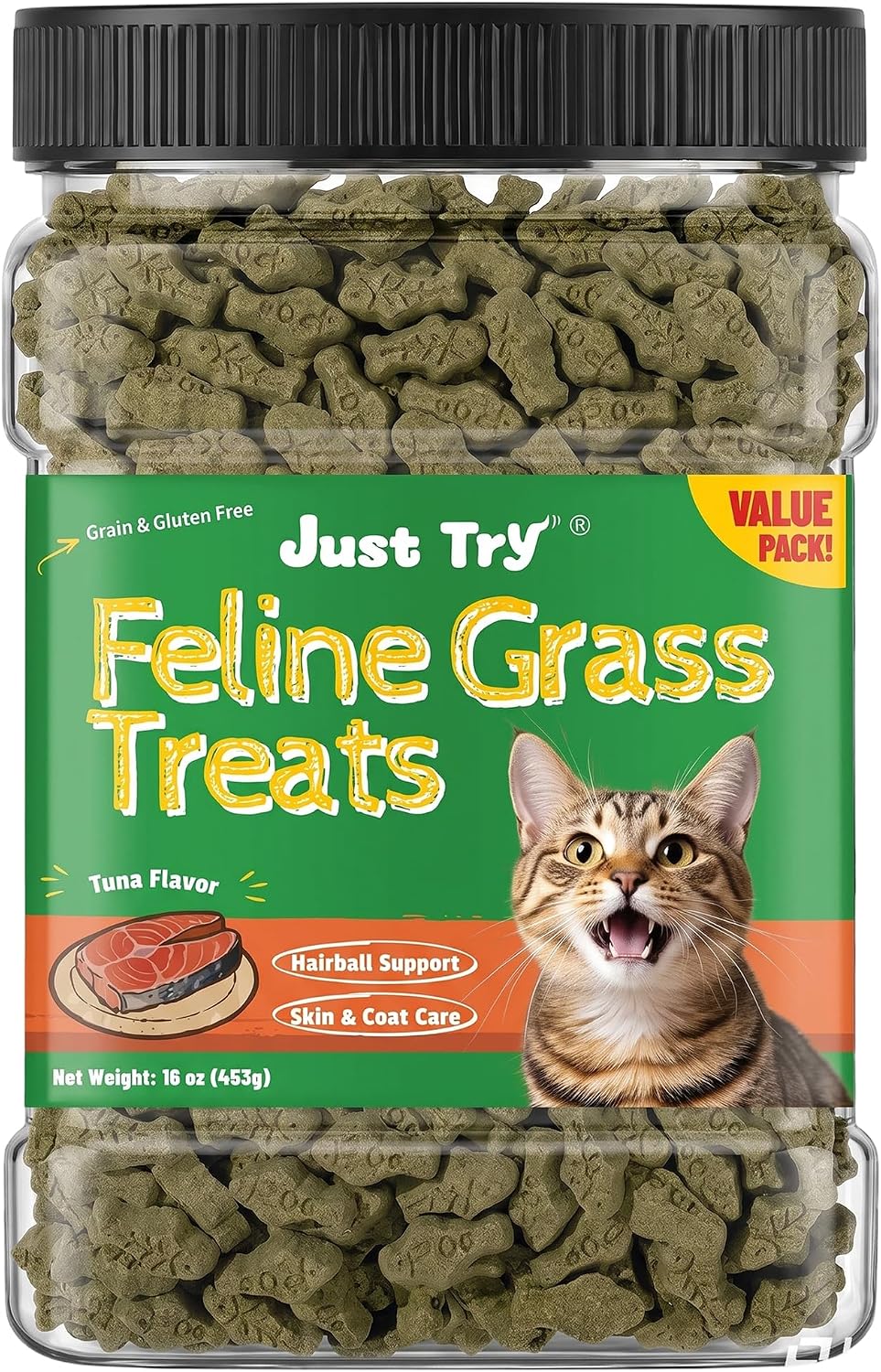 Just Try 16 oz Feline Grass Treats Tuna Flavor Hairball Treats for Cats