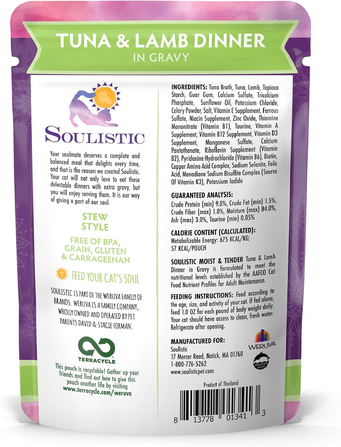 Soulistic Moist and Tender, Tuna and Lamb Dinner in Gravy, 3oz Pouch, Pack of 8