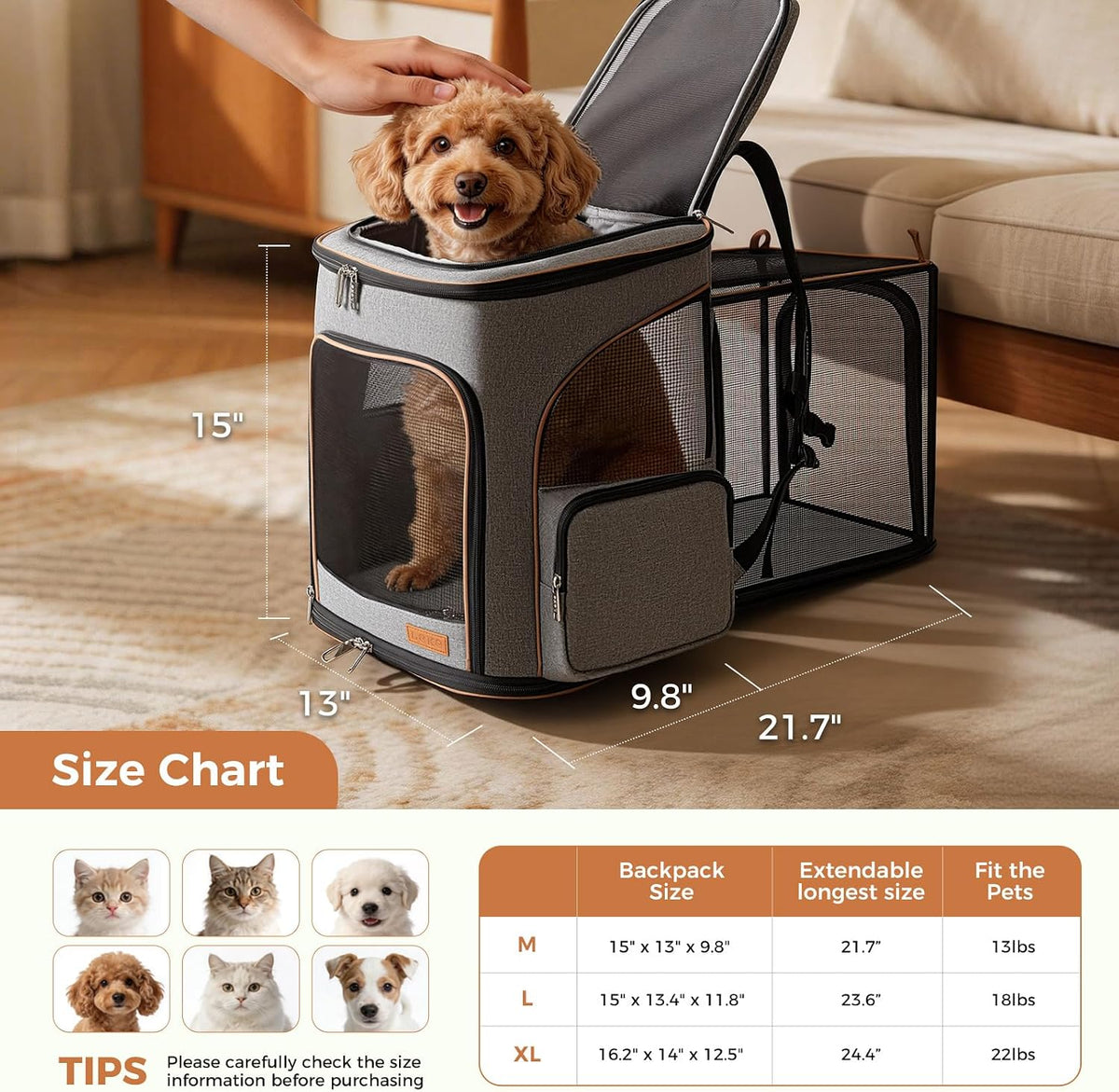 Lekereise Pet Carrier Backpack Expandable Cat Backpack Carrier for Small Dogs Large Cats Puppies, Dog Backpack Carrier for Hiking Travel Outdoor Hold Pets Up to 20 25 Lbs, Grey