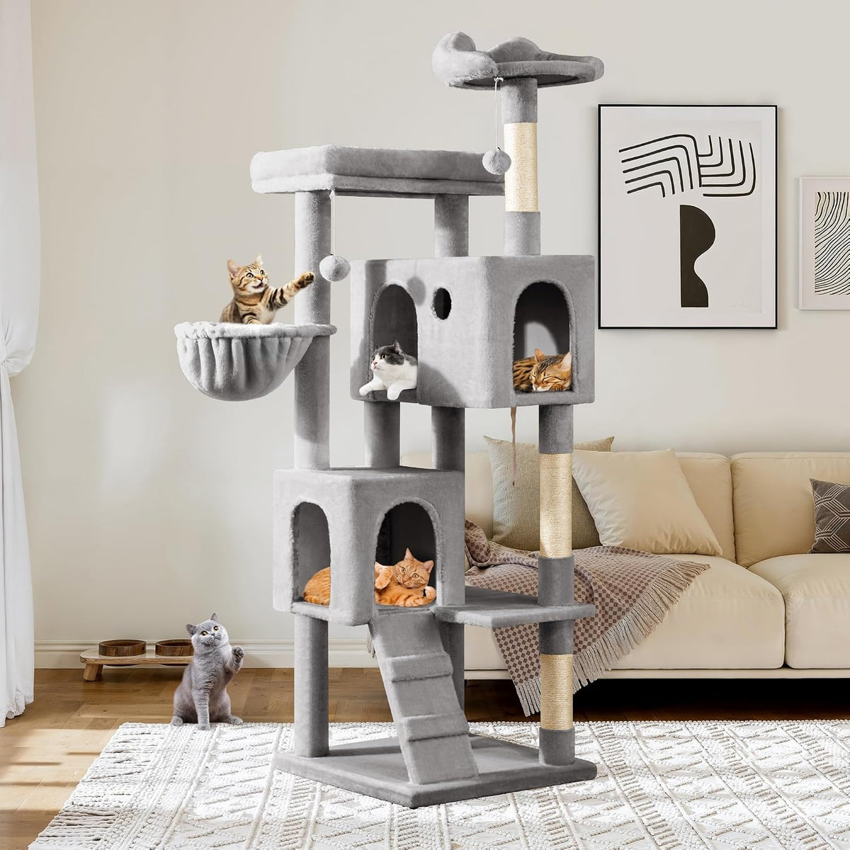 Allewie 64 Inches Multi-Level Cat Tree Tower for Indoor Cats, Grey