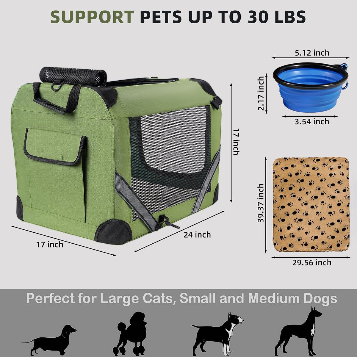 Petprsco Large Cat Carrier for 2 Cats/Small Dogs 24"x17"x17" for Car Travel