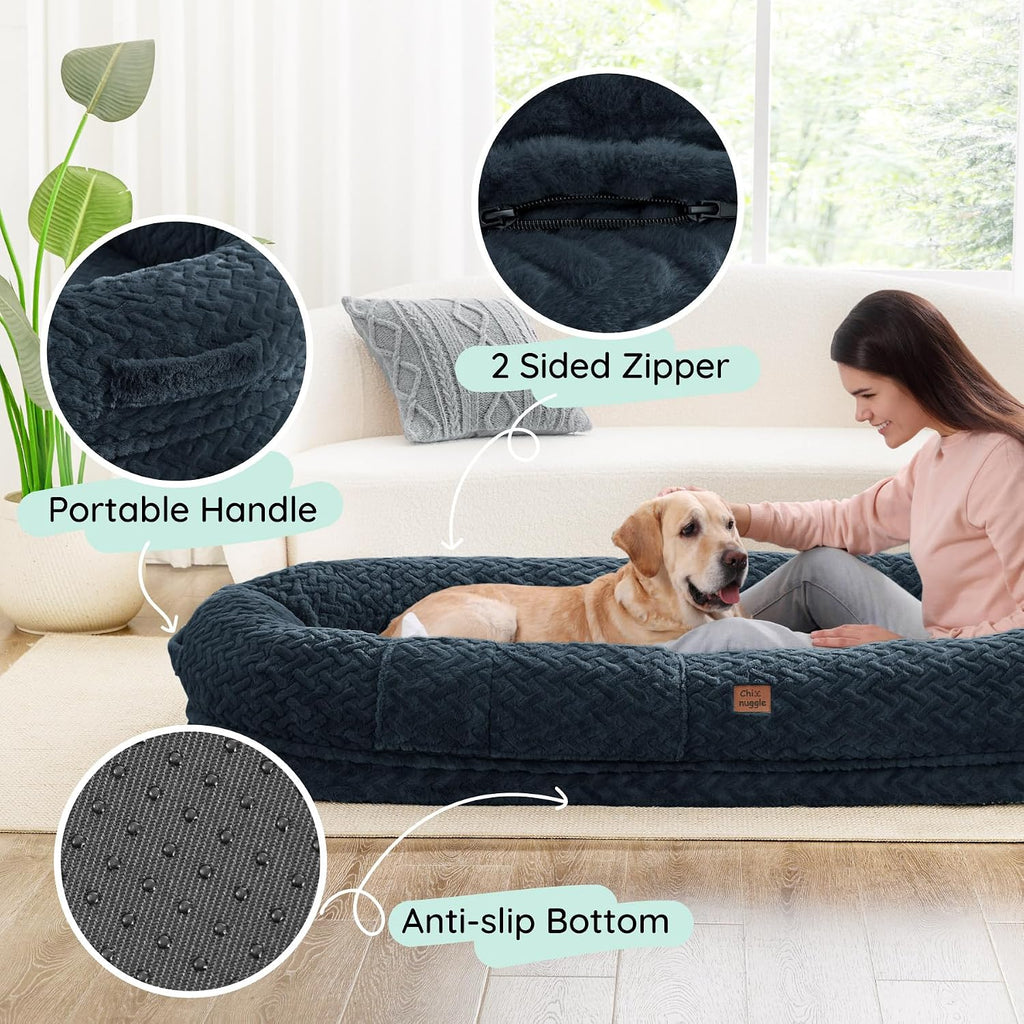 ChiXnuggle Orthopedic Human Dog Bed,with Faux Fur Washable Cover,Blanket