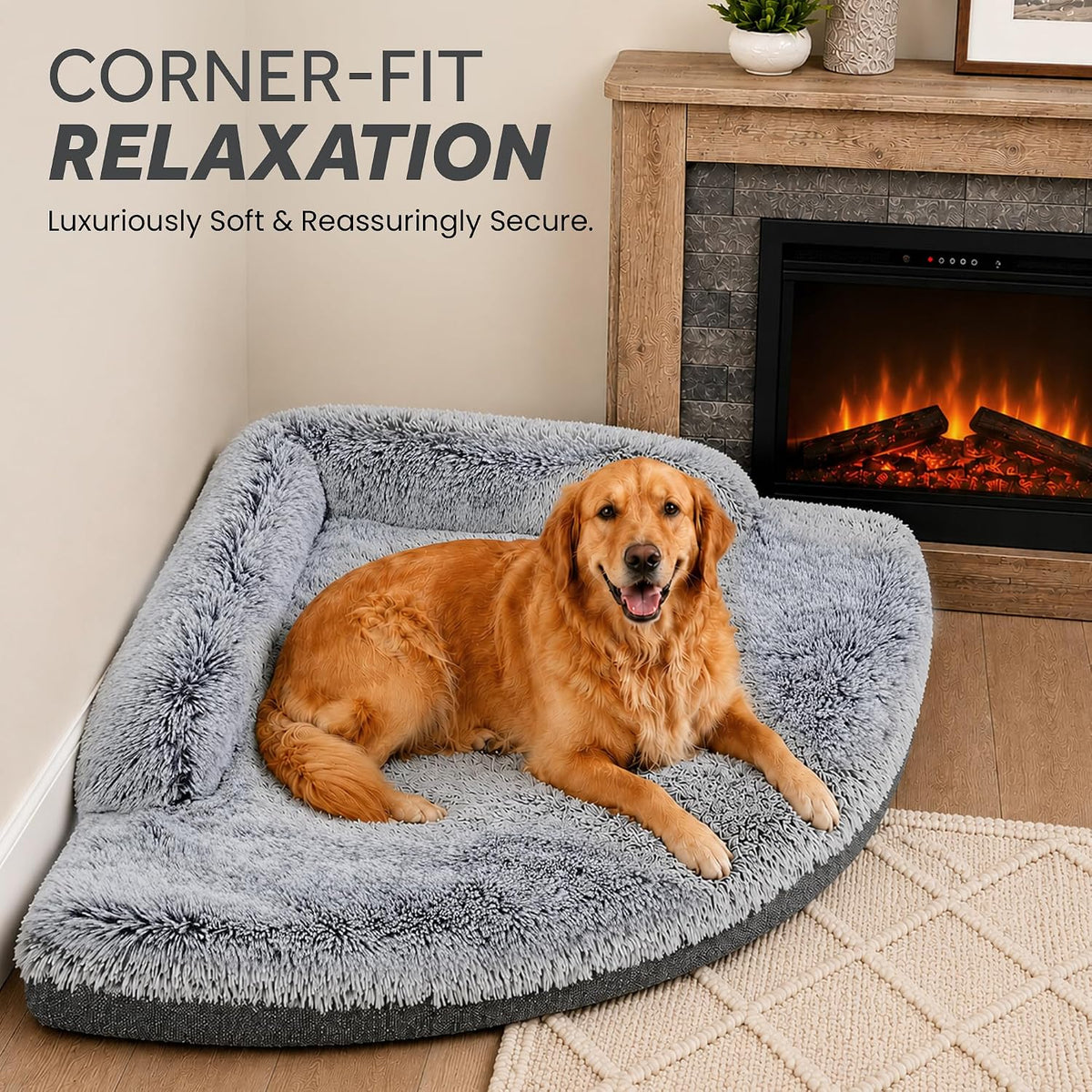 Corner Dog Bed for Large Dogs, 42" XL Fluffy Orthopedic Pet Bed