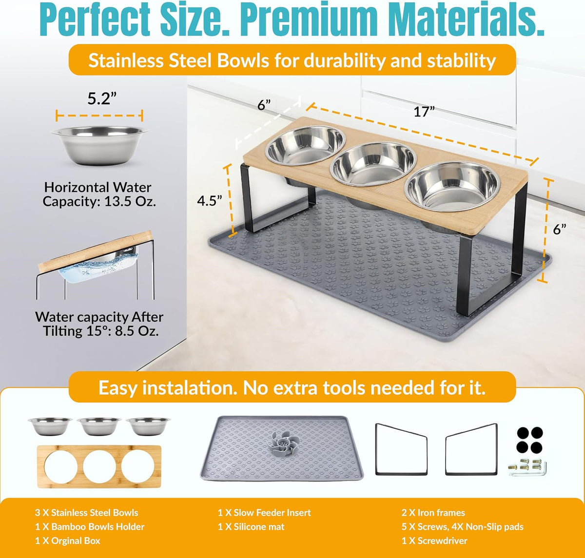 Raised Cat Food Bowls-3 Bowl Elevated Cat Feeding Station with Mat