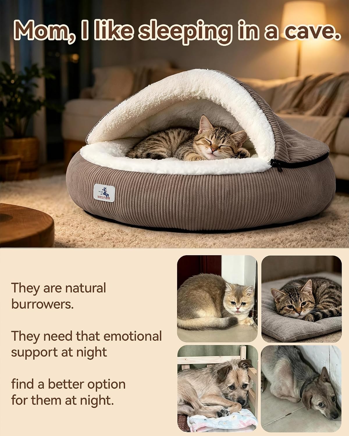 Calming Cozy Dog Cave Cover Bed, Burrow Small Doggy Anti Anxiety