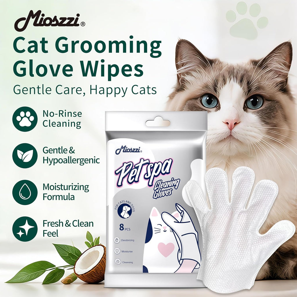 Pet Grooming Gloves Wipes for Cat Dander Remover, No-Rinse, Unscented