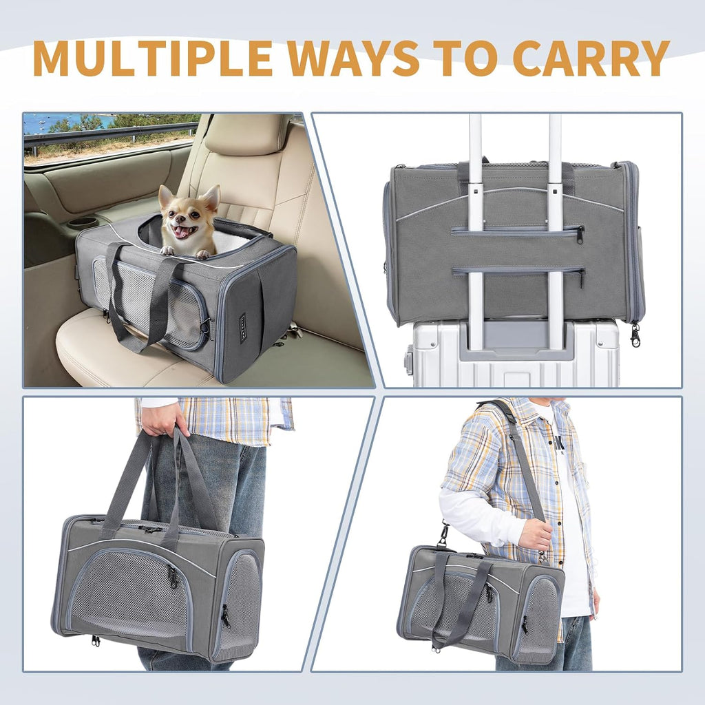 ‌Petsfit Airline Approved Pet Carrier for Small Dogs & Cats, 19x9x12 TSA Approved Carrier, with Removable Dual-Sided Padding (2-Way Placement) - Fits Under Most Airplane Seats, Escape Proof (Grey)