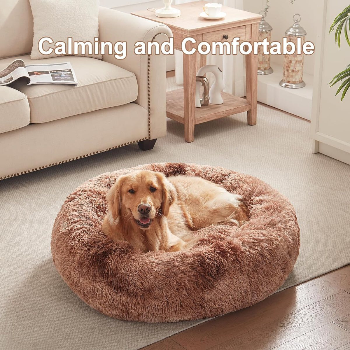 36 in Faux Fur Fluffy Donut Dog Bed for Large Dogs,Tie-dye Brown