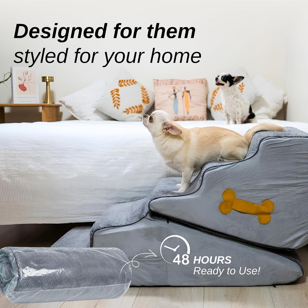 Dog Stairs for Bed & Couch – 2-in-1 Foldable Dog Stairs and Ramp (Gray - 5-Steps)