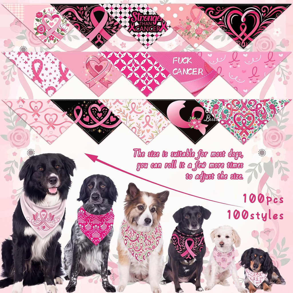 Huhumy 100 Pcs Breast Cancer Dog Bandanas Pink Ribbon Bandanas for Dogs