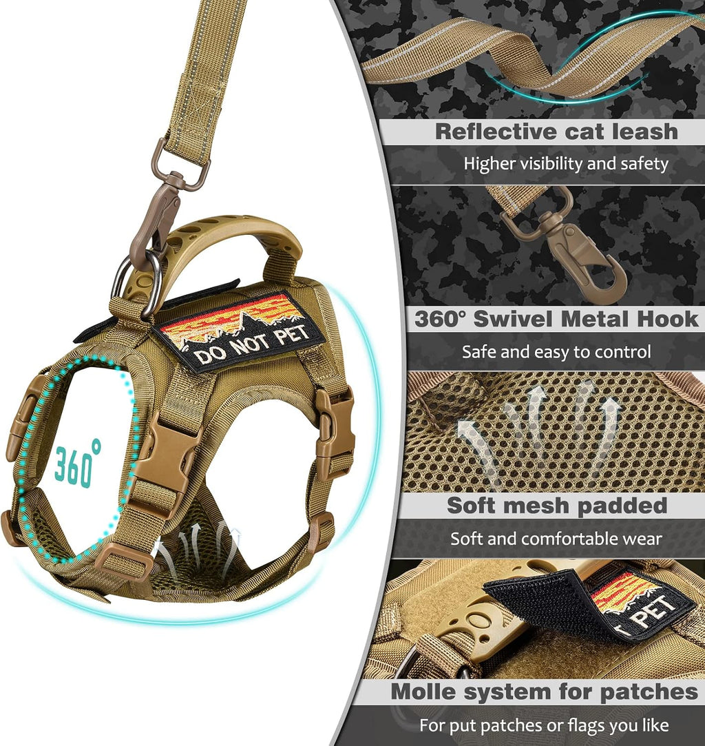 Tactical Cat Harness and Leash Set for Large Cats, Khaki, L