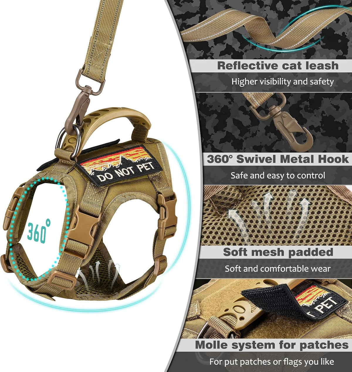 Tactical Cat Harness and Leash Set for Large Cats, Khaki, L