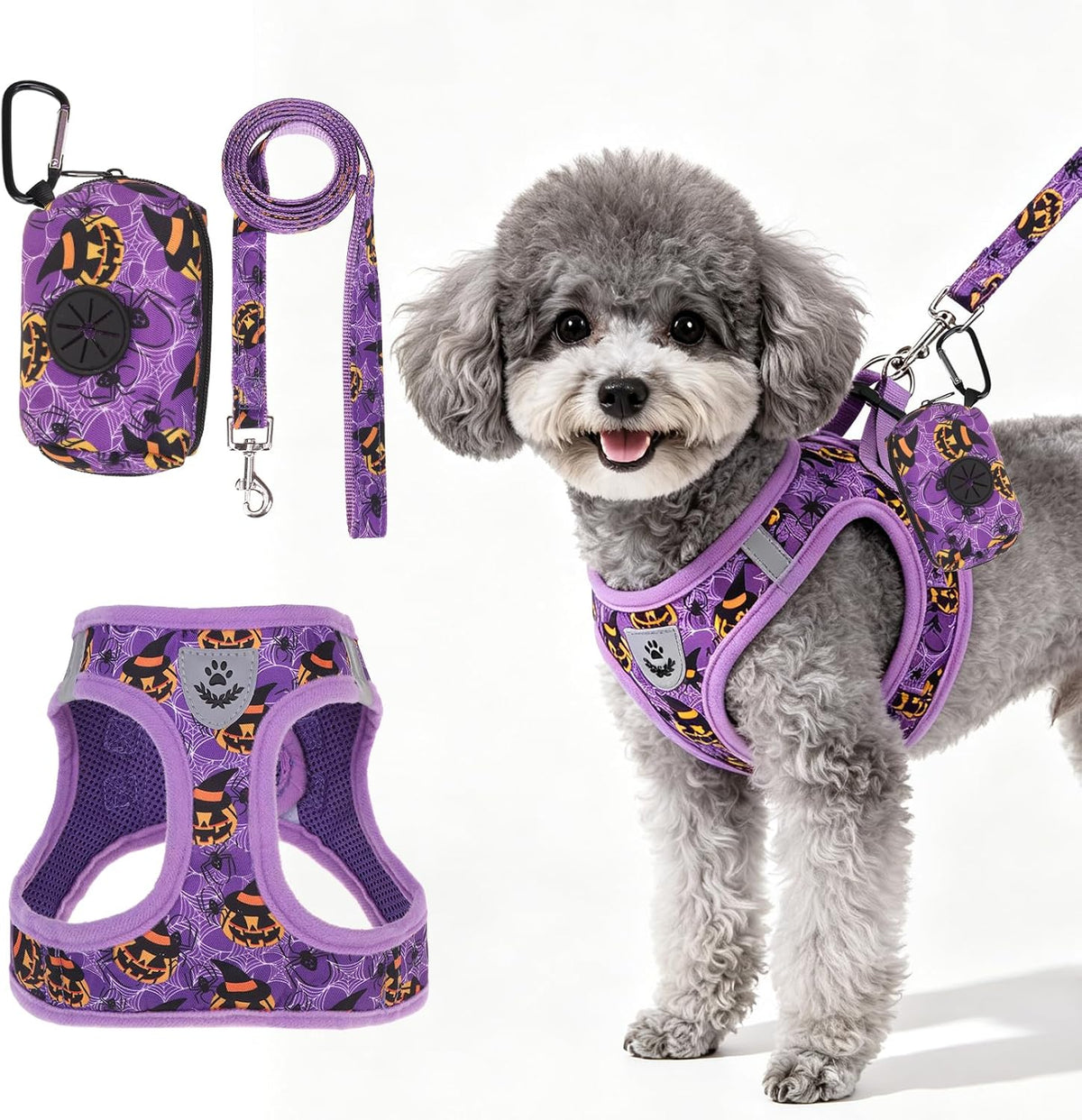 PAWCHIE Halloween Dog Harness and Leash Set, Step in No Pull Soft Pet Harness, Reflective Adjustable Puppy Vest for Medium Dogs,No Choke Harness Vest with Poop Bag Holder for Walking,Running,Purple M