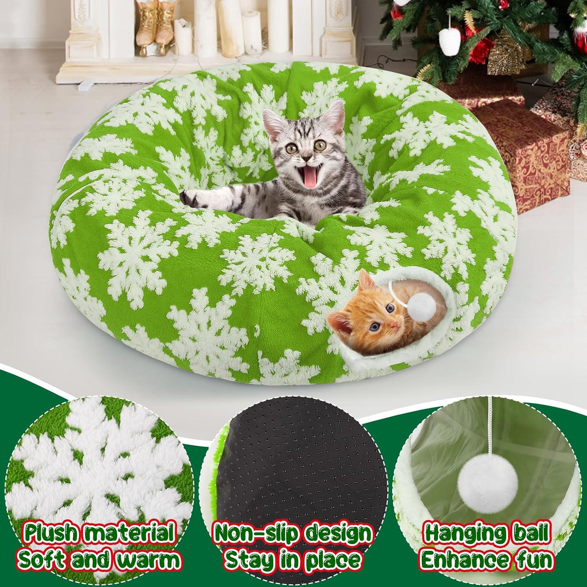 Cat Tunnel Christmas Tree Skirt for 5-7.5ft Trees - Prevent Christmas Tree Falling, Snowflake Patterns Warm Soft Cat Tube Bed with Anti-Slip Mat