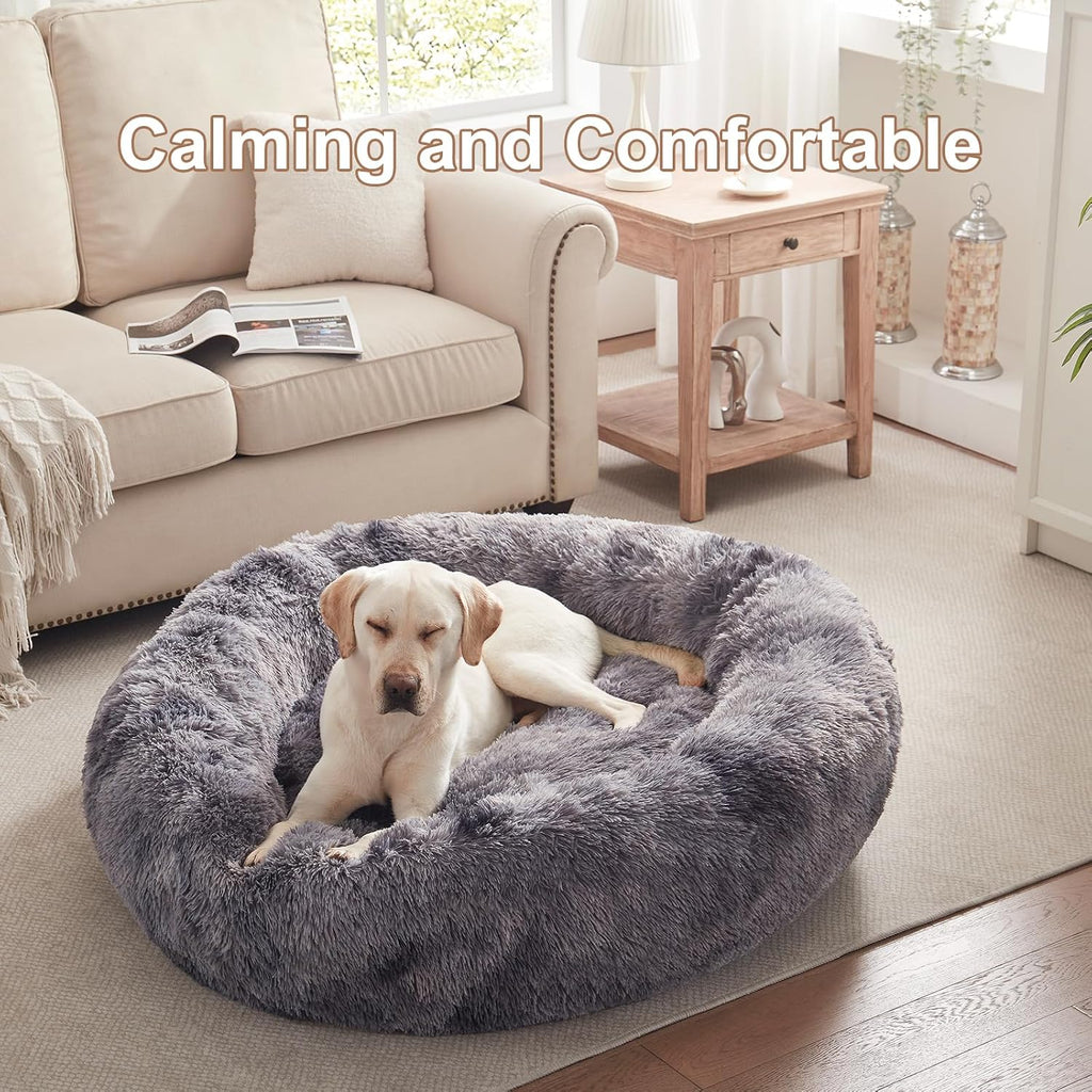45 in Faux Fur Donut Dog Bed for Extra Large Dogs,Tie-dye Grey