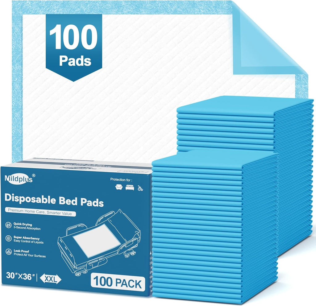 MILDPLUS 100 Count Disposable Bed Pads 30''X36'', Super Absorbent Underpads | Waterproof & Leakproof | Extra Large Chucks | Mattress Protector Pee Pads | Thicker Bed Pad for Adults, Elderly, Pets