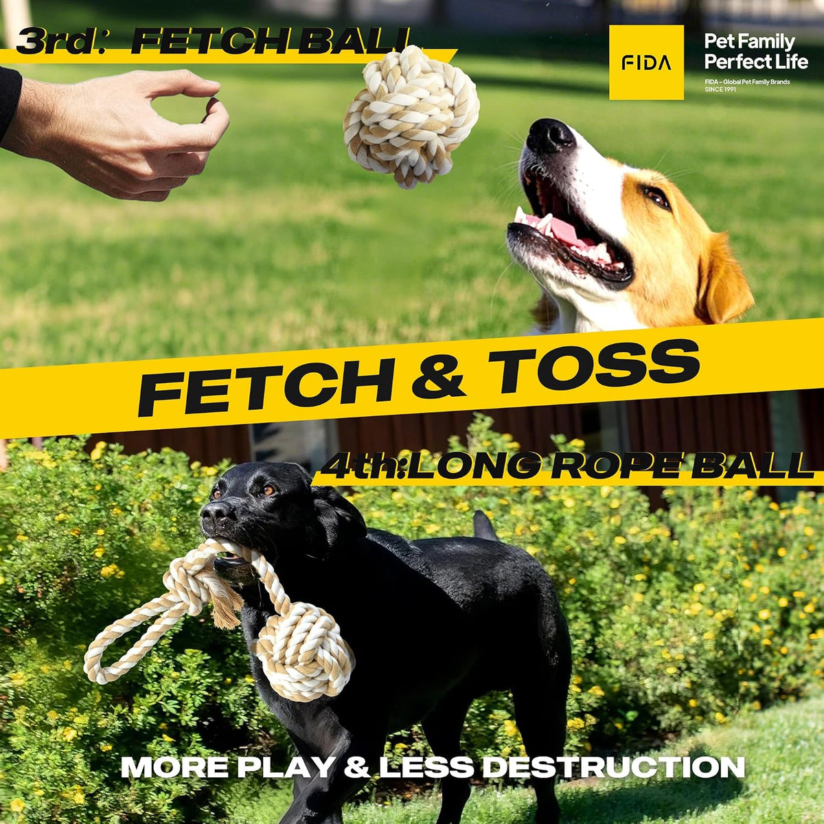 Fida Heavy Duty Dog Rope Toys for Medium Large Dogs, Chew Tug Toys, 4 Pack | Natural Cotton, Ball/Ring/Knot/Twist for Interactive Play, Tug of War, Fetch, to Keep Them Busy