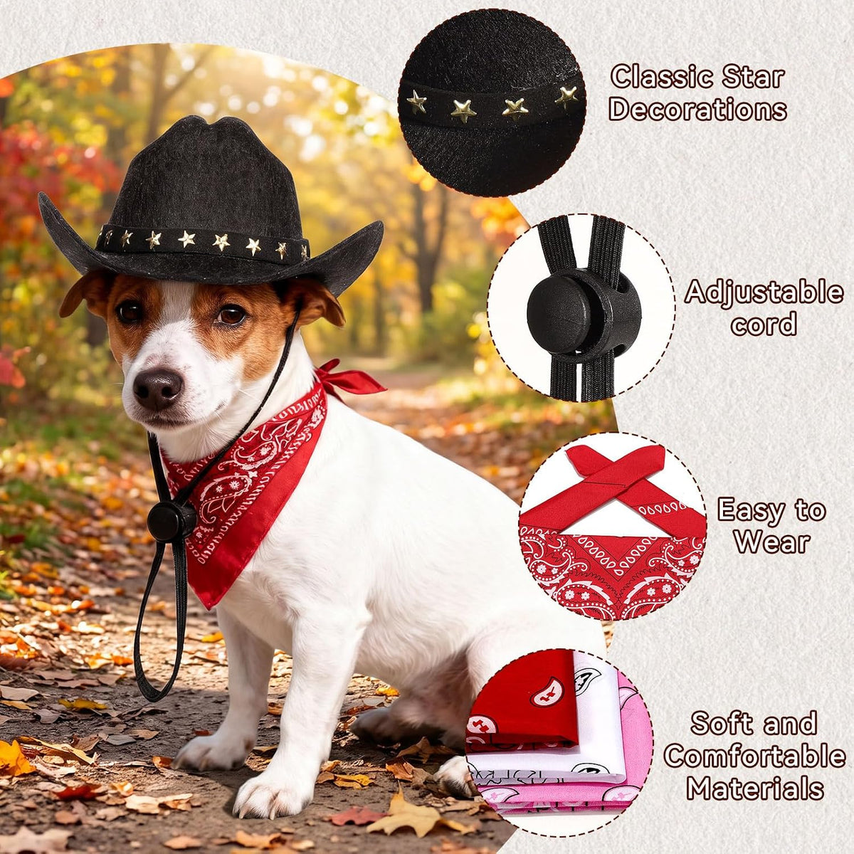 Pet Cowboy Costume, Dog Cowboy Hat with Bandana Scarf, Adjustable Cat Cowboy Hat for Party Cosplay Christmas, Halloween Cowboy Costumes for Small Pet Dogs Cats (Black, Medium)