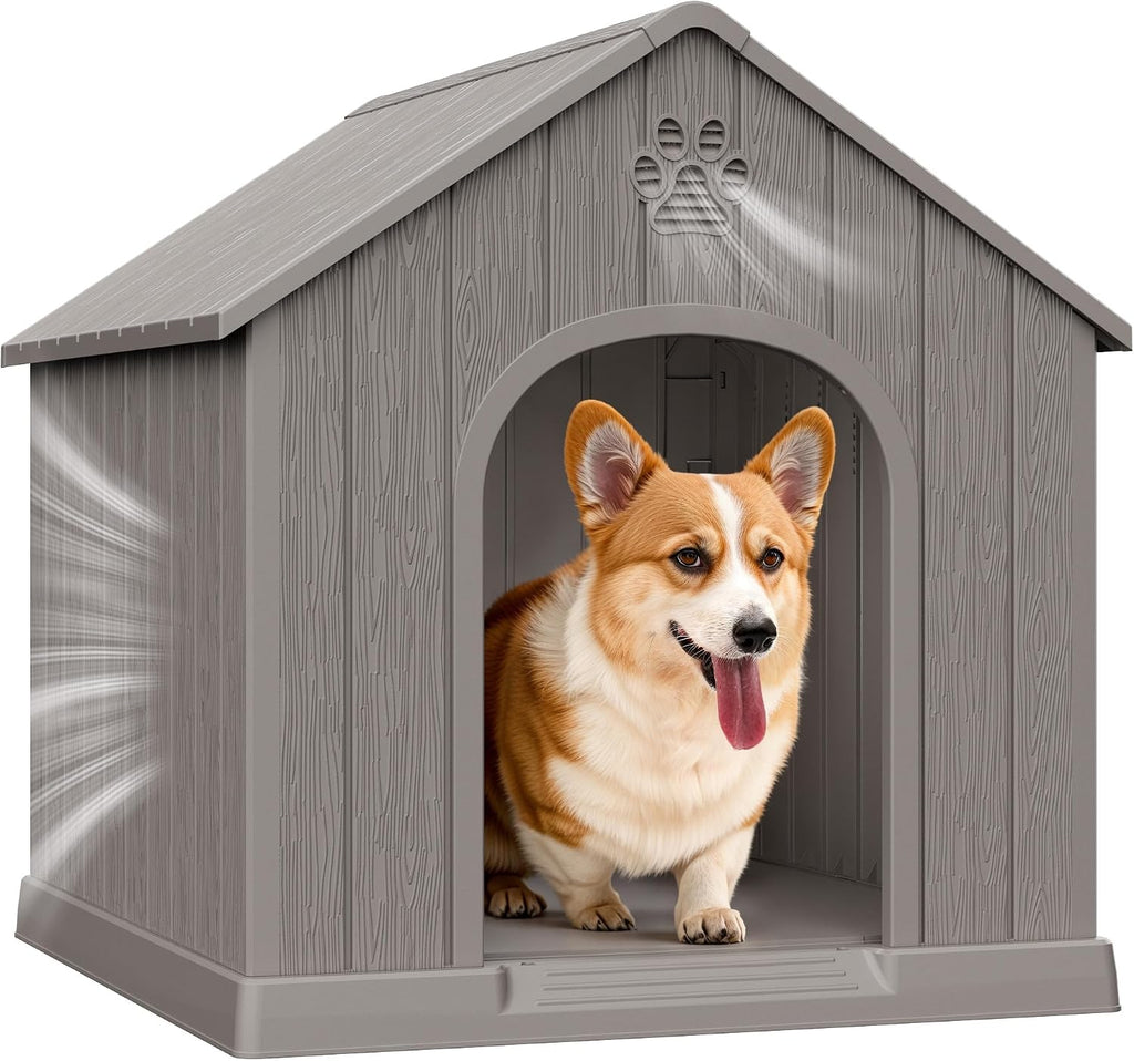 Bifanuo Outdoor Indoor Dog House for Small & Medium Dogs - Weatherproof Shelter with Elevated Floor, Hidden Vents & Tool-Free Assembly (Classic Grey, 26" L x 23.6" W x 25.8" H)