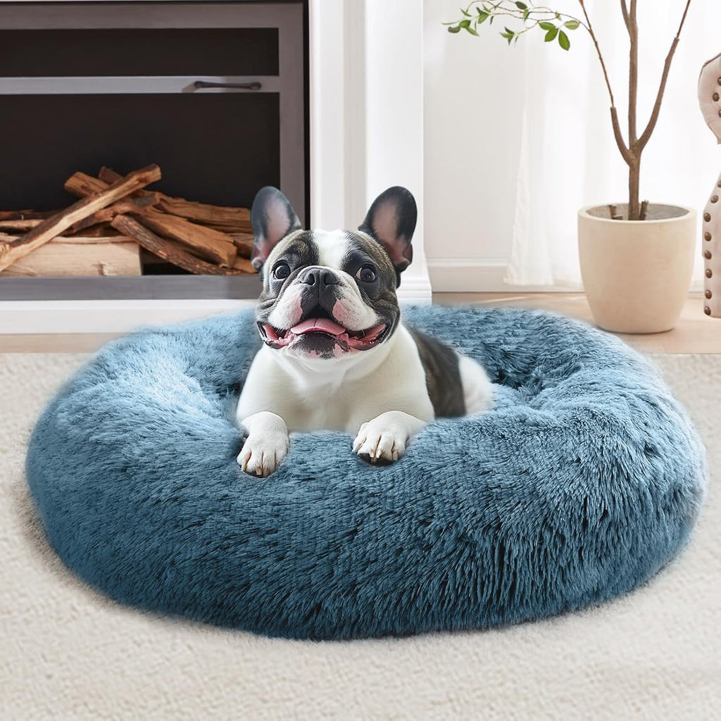 JOLLYVOGUE Calming Small Dog & Cat Bed for Indoor Cats - 20 inches Washable Donut Bed for Kittens & Puppies, Anti-Anxiety Round Fluffy Plush Pet Beds (Fits up to 15 lbs, Blue)