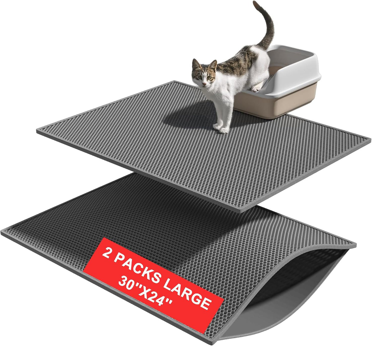 Pieviev 2 Packs Cat Litter Mat Double Layer Waterproof Urine Proof Trapping Mat (30''X24'', Gray) | Waterproof Urine Resistant Layer Litter Box Mat, Easy Collection, Soft on Kitty Paws, Gray Color for Indoor Cats