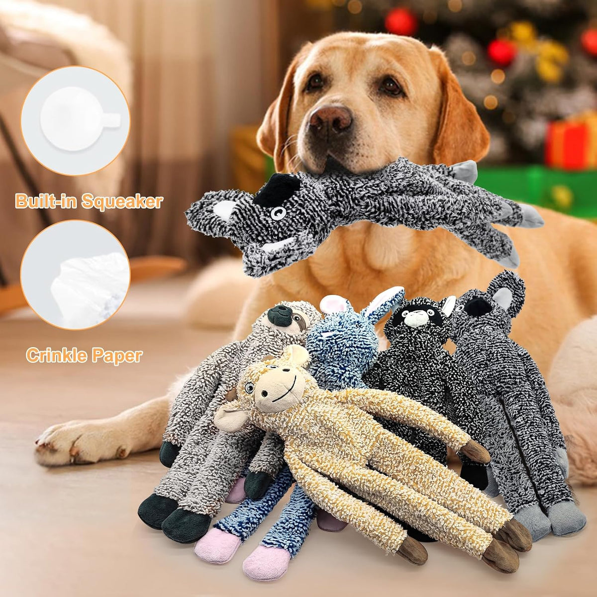 3pack No Stuffing Dog Toys for Large Dogs, Plush Teething Toys to Keep Them Busy, Squeaky Crinkle Interactive Toys, Cute Funny Dogs Animals Gifts for Small Medium Large Breed (Rabbit Koala Shuse)
