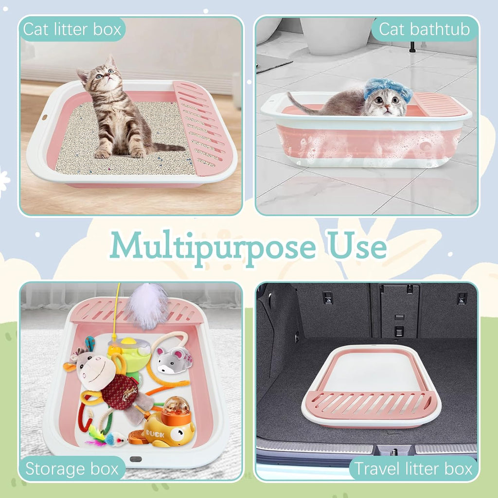 Fhiny Kitten Litter Box Portable Shallow Litter Box 17.7"x13.4"x4.9" Foldable Cat Toilet with Scoop Open Kitty Potty Pan with Litter Drop Pedal Easy to Clean Travel Kitten Toilet(Pink)