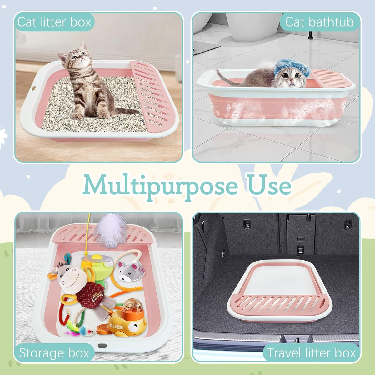 Fhiny Kitten Litter Box Portable Shallow Litter Box 17.7"x13.4"x4.9" Foldable Cat Toilet with Scoop Open Kitty Potty Pan with Litter Drop Pedal Easy to Clean Travel Kitten Toilet(Pink)