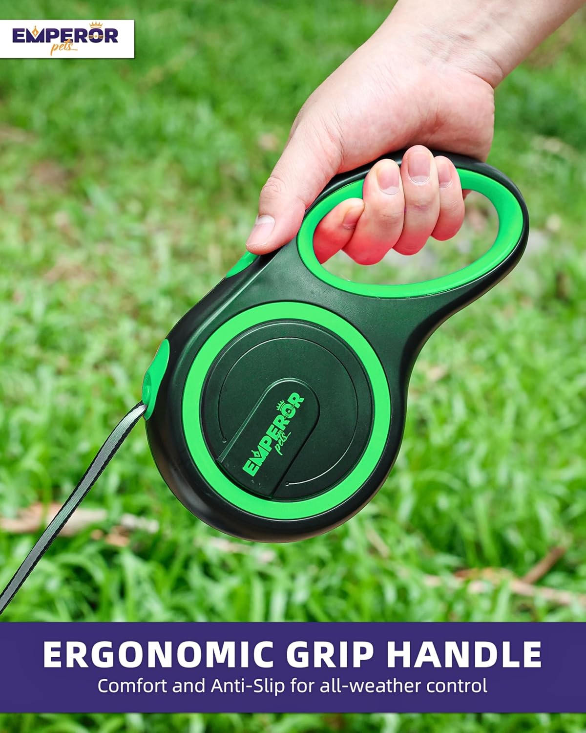EMPEROR PETS 26.1 ft Retractable Dog Leash, for Dogs 10-110 lbs, Green