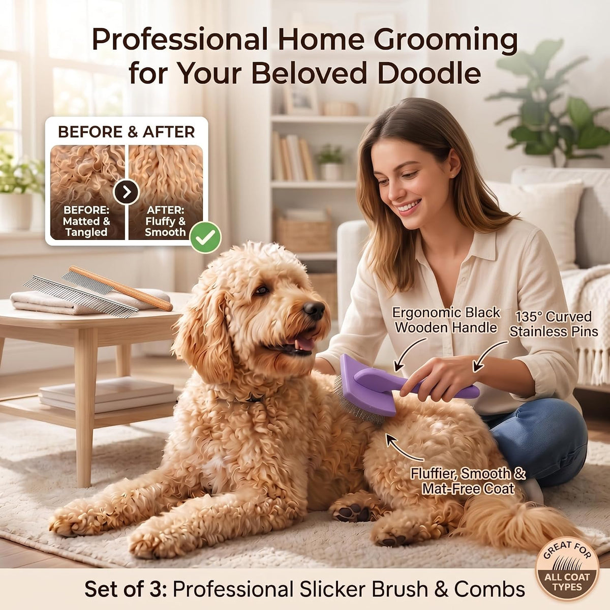 OZYGIFT 3-in-1 Long Pin Slicker Brush Set, Pet Grooming Kit, Purple
