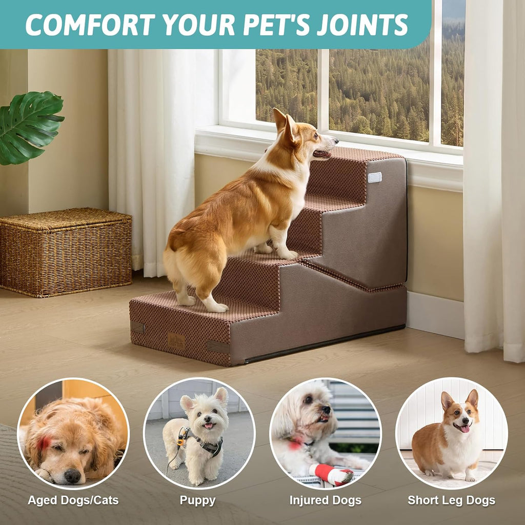 COZY KISS Dog Stairs for Small Dog, 18.9" H, 4 Step pet Step for Bed, Brown