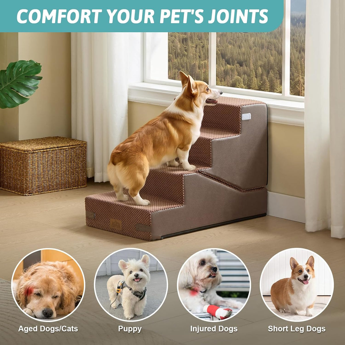 COZY KISS Dog Stairs for Small Dog, 18.9" H, 4 Step pet Step for Bed, Brown