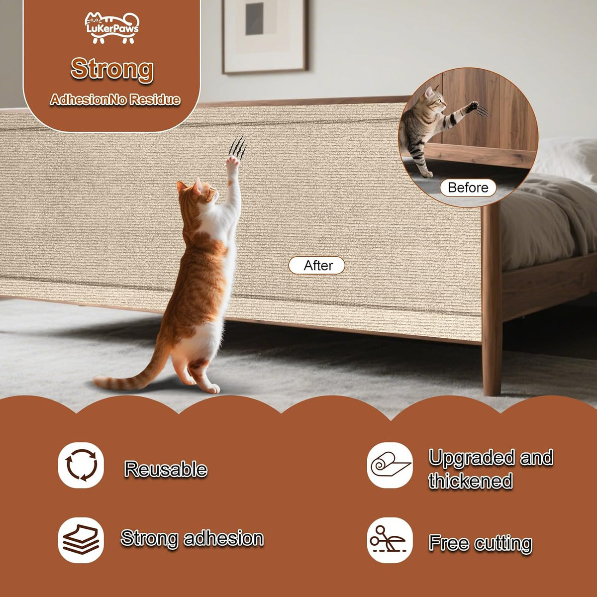Cat Scratch Mat, Self-Adhesive Trimmable cat Scratch Furniture Protector for Couch, cat Scratch pad，cat Tree，DIY Climbing Carpet for Cat Tower Replacement Pads (Brown, 39.4" x 15.8")