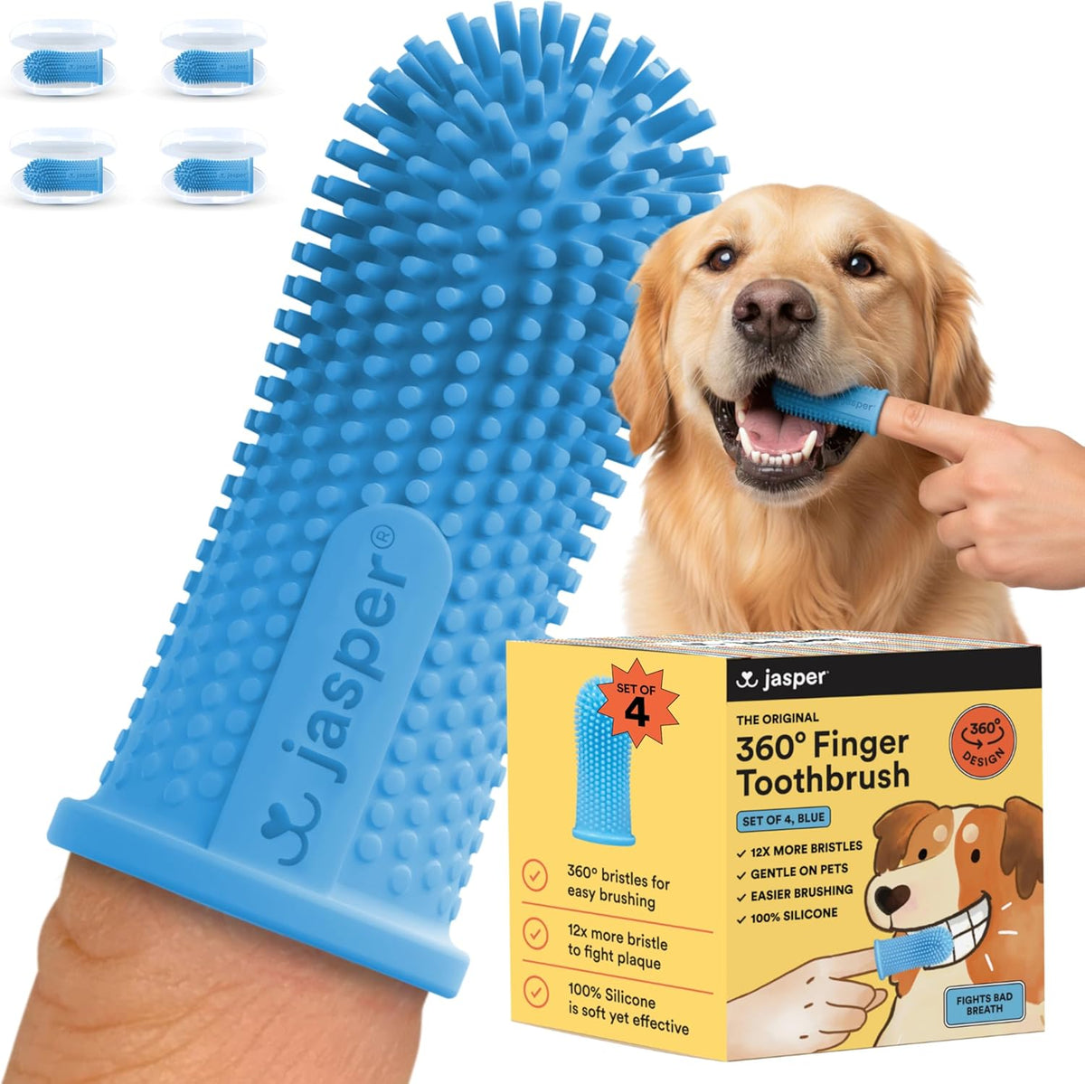 Jasper Dog Toothbrush, 360° Finger Toothbrush for Dogs & Cats, Blue 4-Pack | 12x More Bristles, Teeth Cleaning Kit for Small & Large Pets, Toothpaste Not Included, Fights Bad Breath, Extra Soft Silicone 