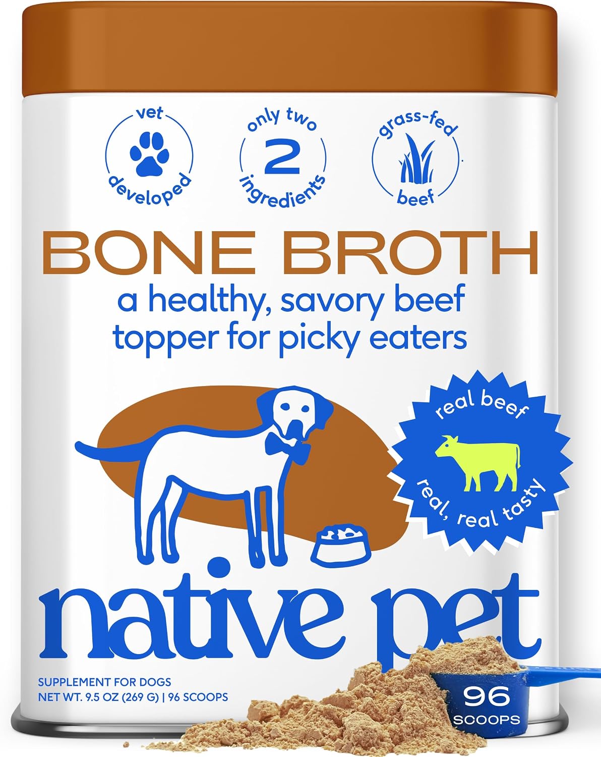 Native Pet Bone Broth for Dogs and Cats - Made with Real Beef Bone Broth, Dog Food Toppers for Picky Eaters - Provides Extra Hydration & Nutrition for Joint Strength, Immunity & Heart Health-96 Scoops
