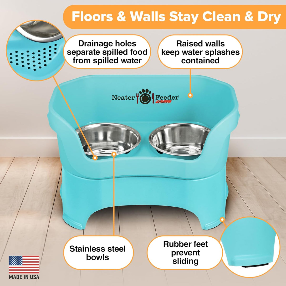 Neater Pet Brands Neater Feeder Deluxe Mess Proof Dog Bowls Elevated for Large Dogs Over 40 lbs, Made in USA, No Spill Raised Dog Food Bowl Stand Feeding Station, Food and Water Bowl Set, Aquamarine 