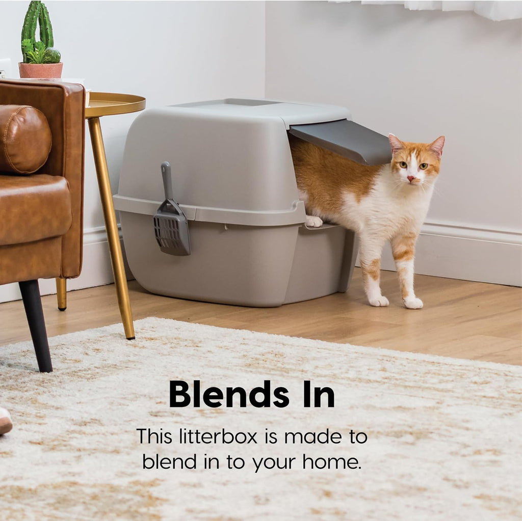IRIS USA Large Front Door Cat Litter Box, Walk-In Entry, Gray | Nervous Cats, Flip Door Access, Covered Walk-Through, Private Enclosure Design, Privacy Hood, Contained Environment