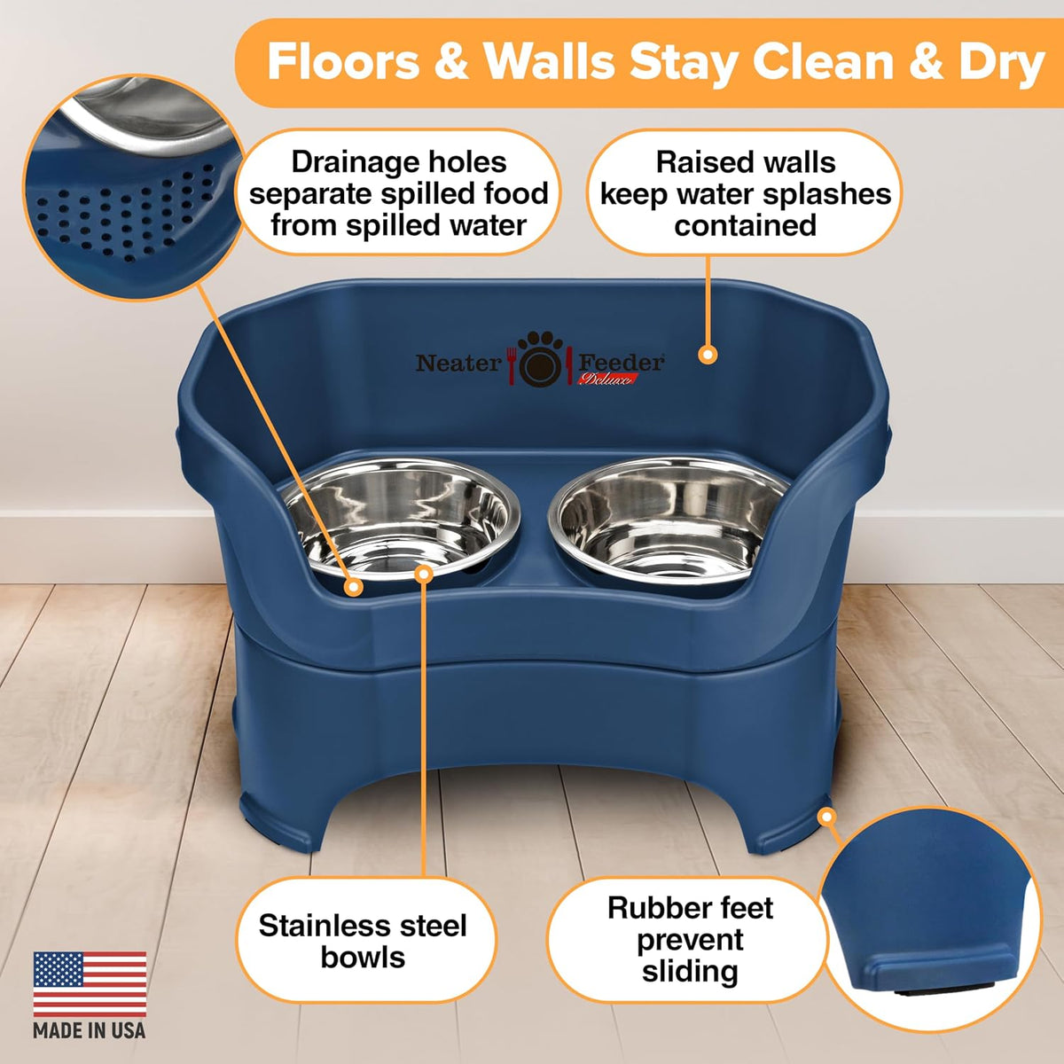 Neater Pet Brands Neater Feeder Deluxe Mess Proof Dog Bowls Elevated for Large Dogs Over 40 lbs, Made in USA, No Spill Raised Dog Food Bowl Stand Feeding Station, Food and Water Bowl Set, Dark Blue 