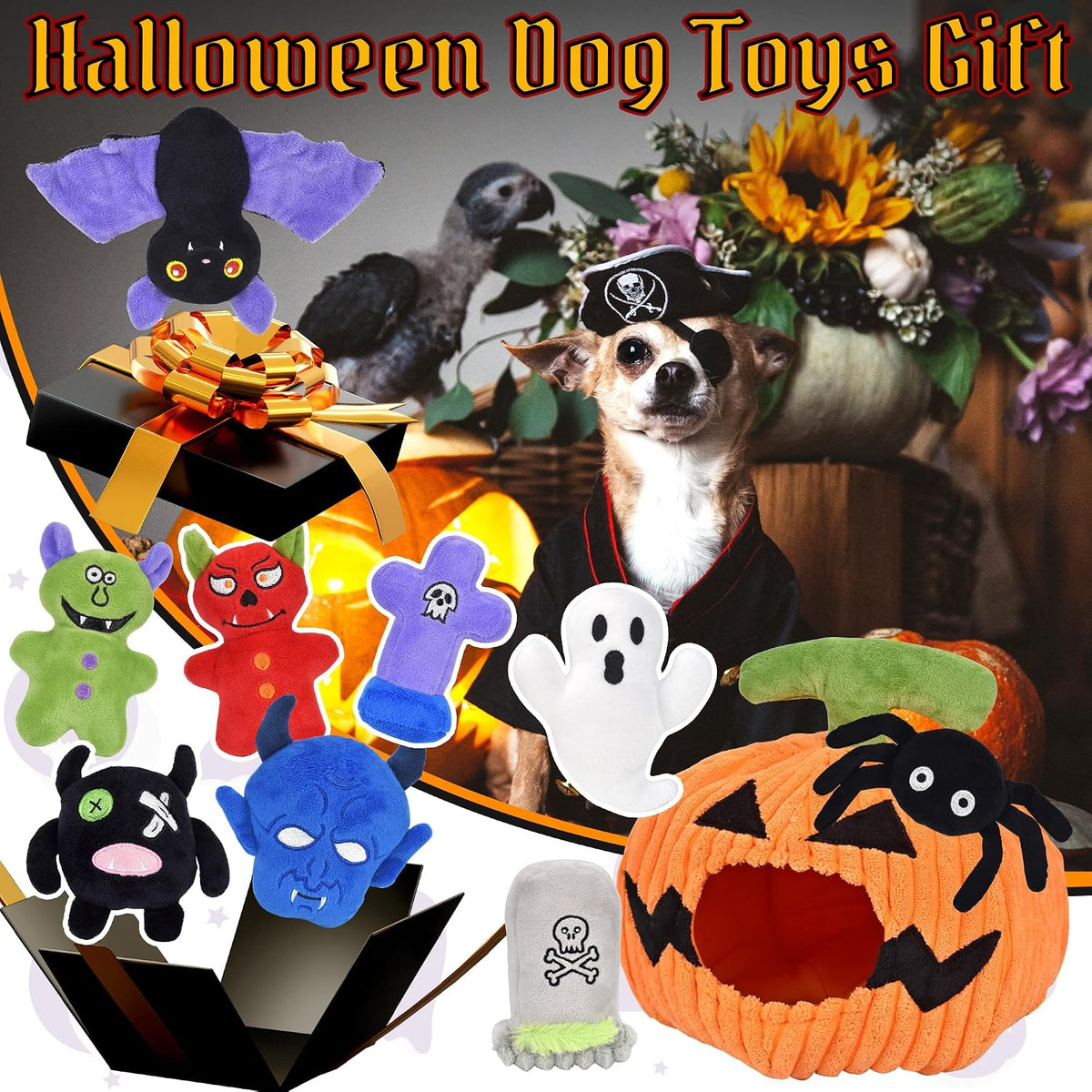 LECHONG Halloween Dog Toys Set, 11 Pack Squeaky Dog Toys for Aggressive Chewers, Pumpkin Assorted Puppy Toys to Keep Them Busy, Toys Gift for Large Medium Small Dogs